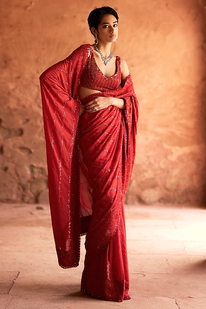 Orange Red Chinon Chiffon Chikankari Bridal Saree Set by Sawan Gandhi at Pernia's Pop Up Shop