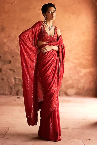 Orange Red Chinon Chiffon Chikankari Saree Set by Sawan Gandhi