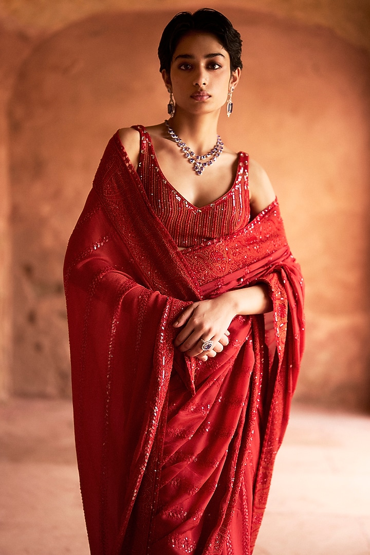 Orange Red Chinon Chiffon Chikankari Bridal Saree Set by Sawan Gandhi at Pernia's Pop Up Shop