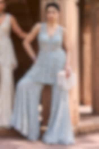 Ice Blue Net Cutdana & Sequin Embroidered Bridal Sharara Set by Sawan Gandhi at Pernia's Pop Up Shop