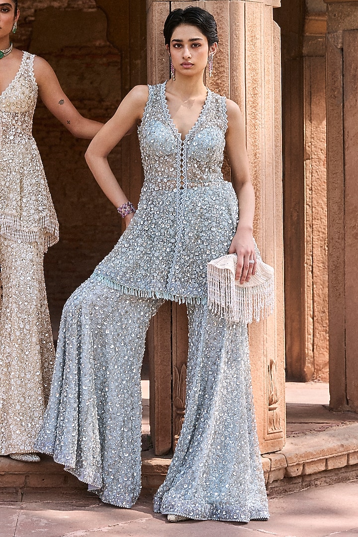 Ice Blue Net Cutdana & Sequin Embroidered Bridal Sharara Set by Sawan Gandhi at Pernia's Pop Up Shop