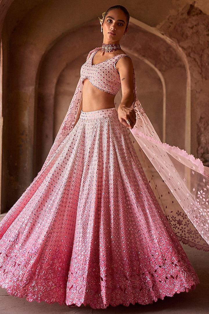 Pink Ombre Chiffon Mirror Embroidered Bridal Lehenga Set by Sawan Gandhi at Pernia's Pop Up Shop