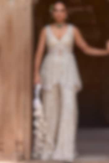 Ivory Net Cutdana & Sequin Embroidered Bridal Sharara Set by Sawan Gandhi at Pernia's Pop Up Shop