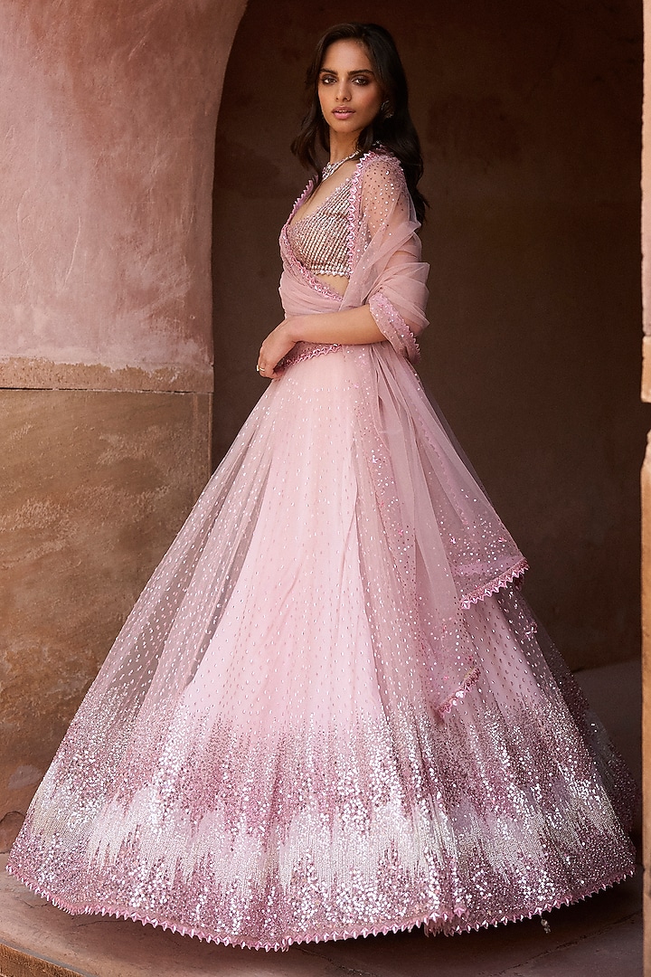 Blush Pink Net Sequins Embroidered Bridal Lehenga Set by Sawan Gandhi at Pernia's Pop Up Shop
