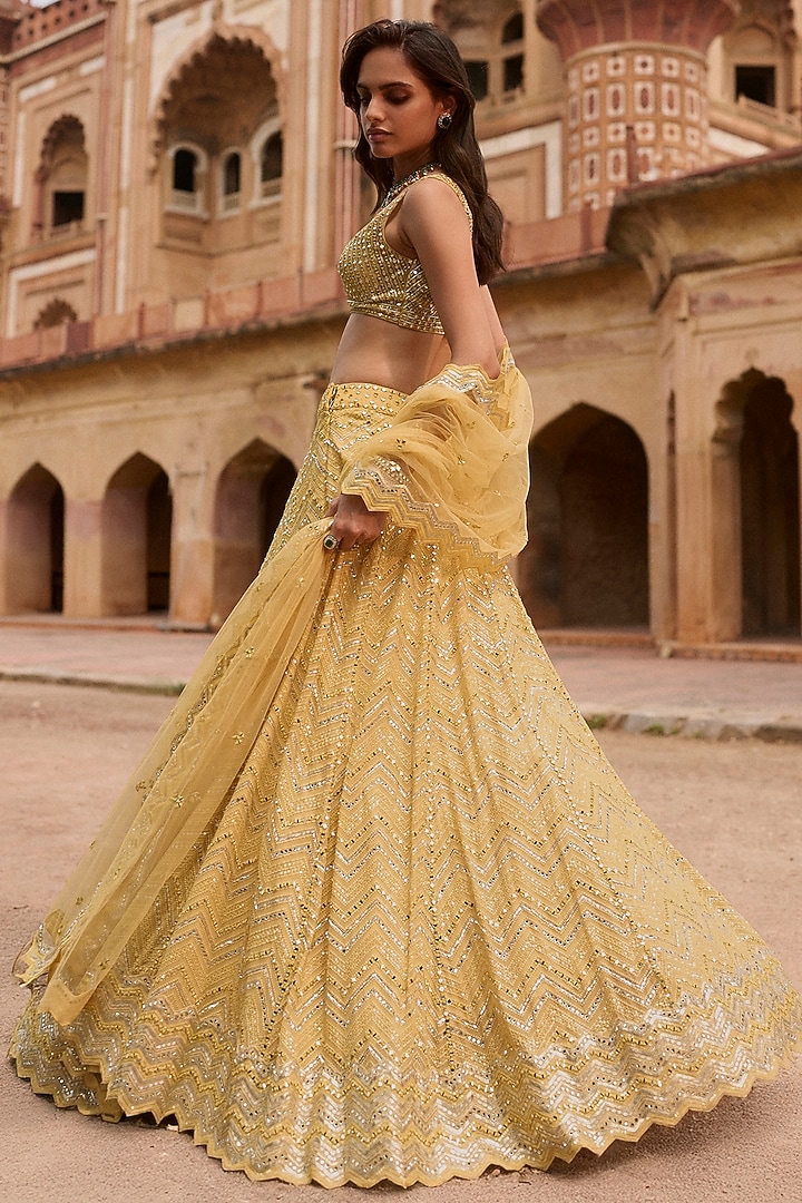 Yellow Georgette Sequins Embroidered Bridal Lehenga Set by Sawan Gandhi at Pernia's Pop Up Shop