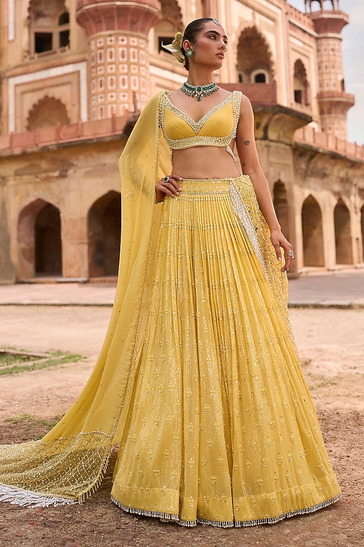 Yellow Georgette Sequin Mirror Booti Bridal Lehenga Set by Sawan Gandhi at Pernia's Pop Up Shop