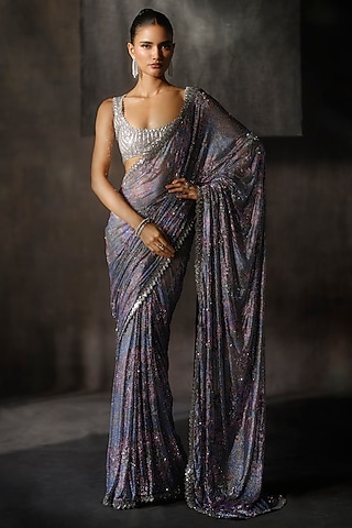 Multi-Colored Net Swarovski Work Saree Set by Sawan Gandhi