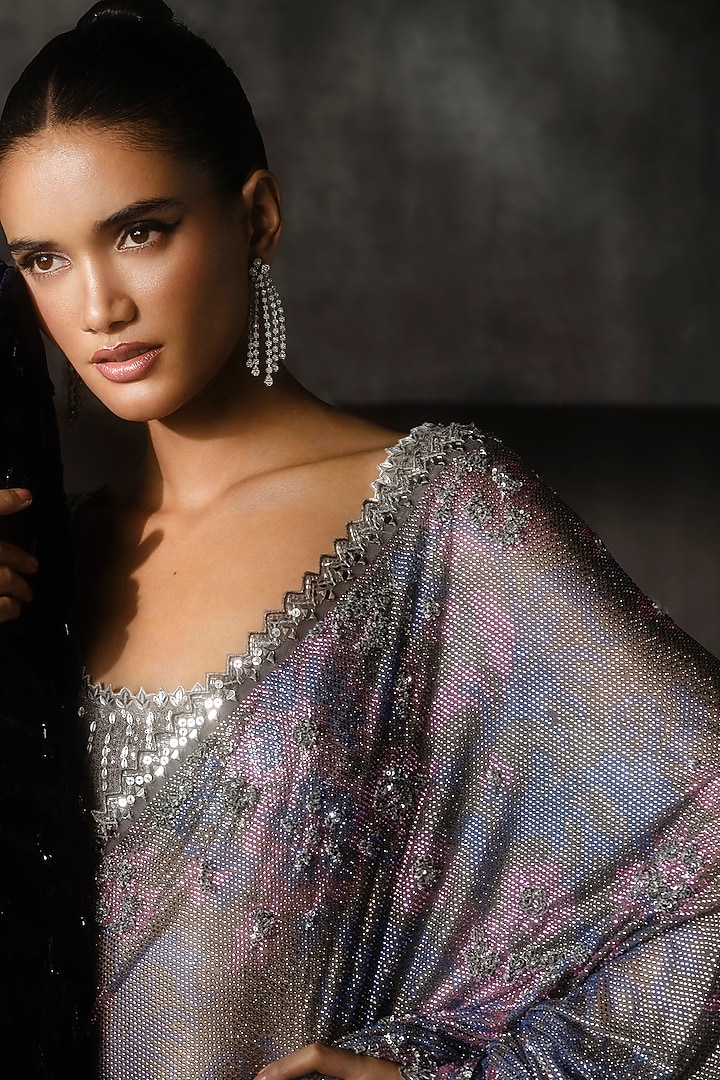 Multi-Colored Net Swarovski Work Bridal Saree Set by Sawan Gandhi at Pernia's Pop Up Shop