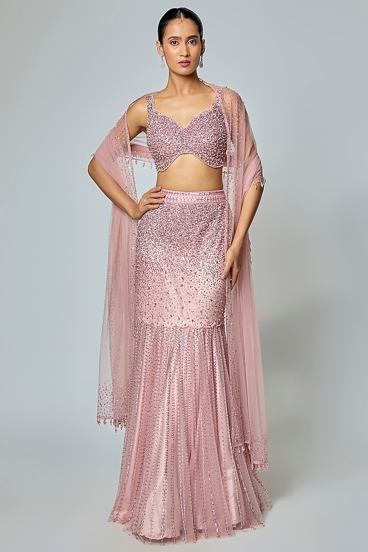 Rose Pink Net Sequin Work Fish-Cut Bridal Lehenga Set by Sawan Gandhi at Pernia's Pop Up Shop