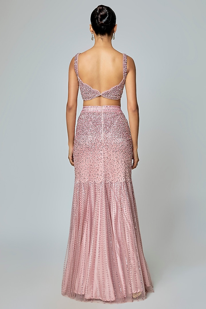 Rose Pink Net Sequin Work Fish-Cut Bridal Lehenga Set by Sawan Gandhi at Pernia's Pop Up Shop