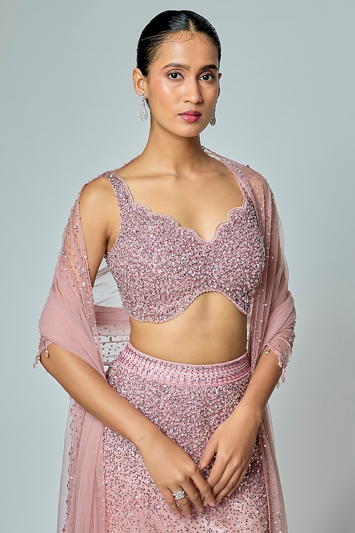 Rose Pink Net Sequin Work Fish-Cut Bridal Lehenga Set by Sawan Gandhi at Pernia's Pop Up Shop