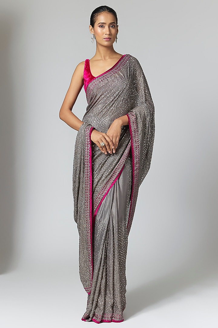 Grey Chinon Chiffon Hand Embroidered Bridal Saree Set by Sawan Gandhi at Pernia's Pop Up Shop