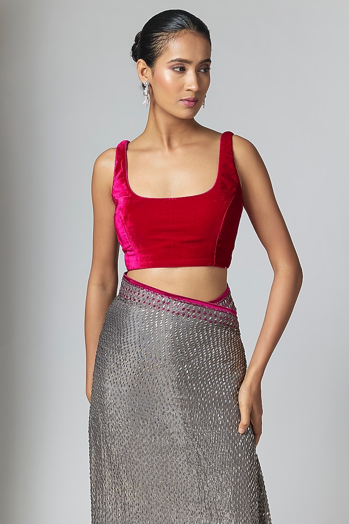 Grey Chinon Chiffon Hand Embroidered Bridal Saree Set by Sawan Gandhi at Pernia's Pop Up Shop
