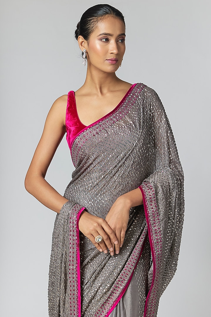 Grey Chinon Chiffon Hand Embroidered Bridal Saree Set by Sawan Gandhi at Pernia's Pop Up Shop