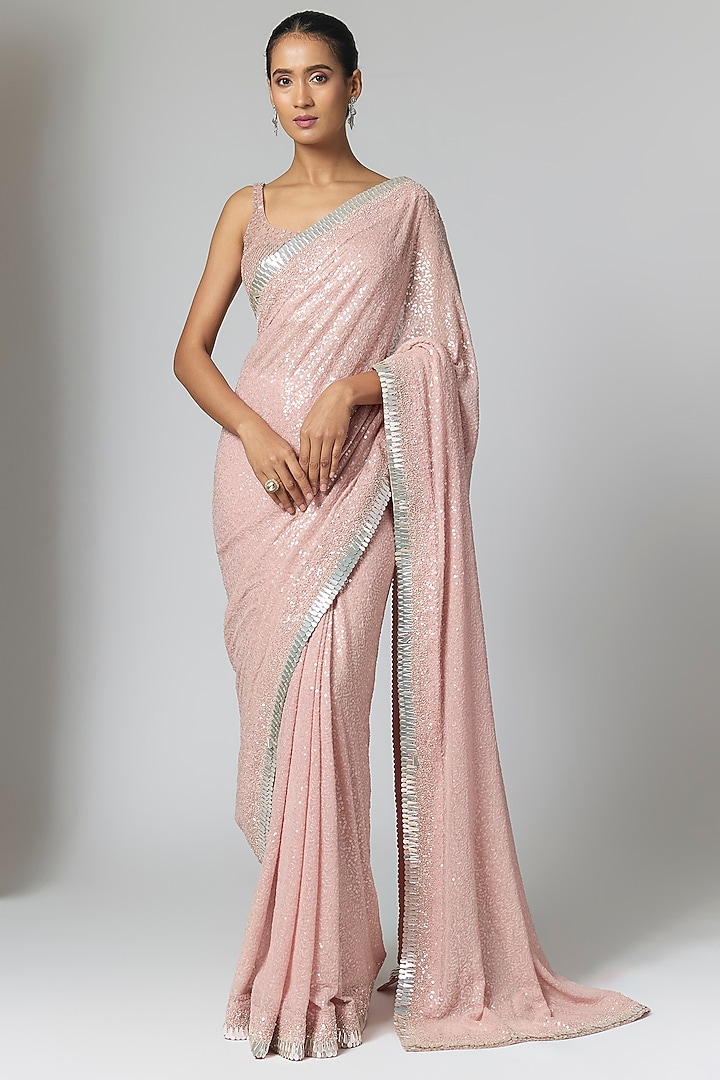 Rose Pink Georgette Sequin Embellished Bridal Saree Set by Sawan Gandhi at Pernia's Pop Up Shop