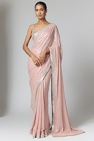 Rose Pink Georgette Sequin Embellished Saree Set by Sawan Gandhi