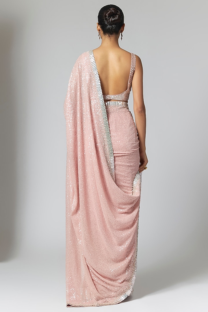 Rose Pink Georgette Sequin Embellished Bridal Saree Set by Sawan Gandhi at Pernia's Pop Up Shop