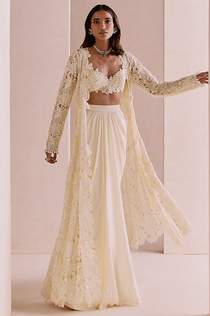 Ivory Chiffon Floral Embroidered Cape Set by Sawan Gandhi at Pernia's Pop Up Shop