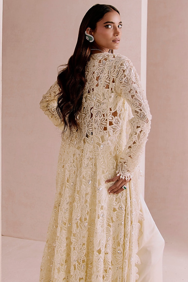 Ivory Chiffon Floral Embroidered Cape Set by Sawan Gandhi at Pernia's Pop Up Shop
