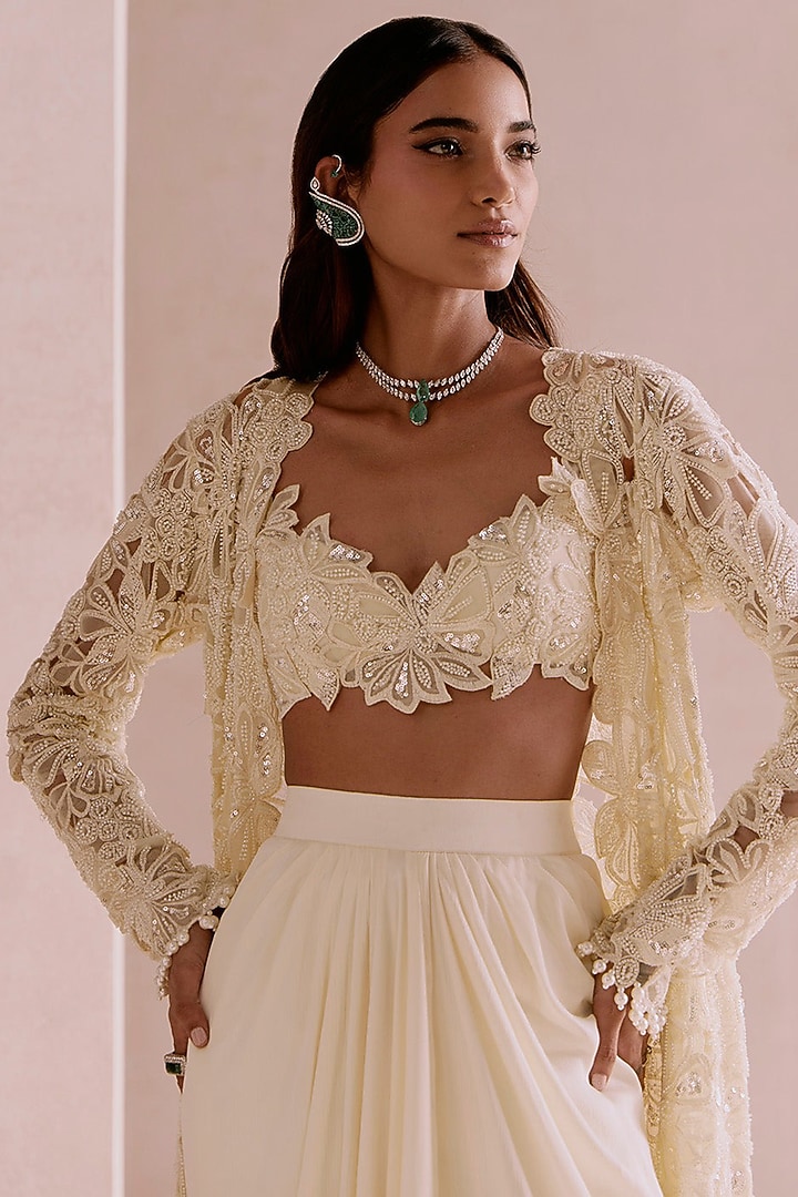 Ivory Chiffon Floral Embroidered Cape Set by Sawan Gandhi at Pernia's Pop Up Shop