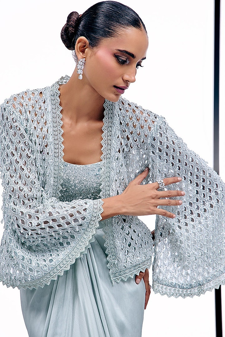 Ice Blue Chiffon Cutwork Cape Set by Sawan Gandhi at Pernia's Pop Up Shop