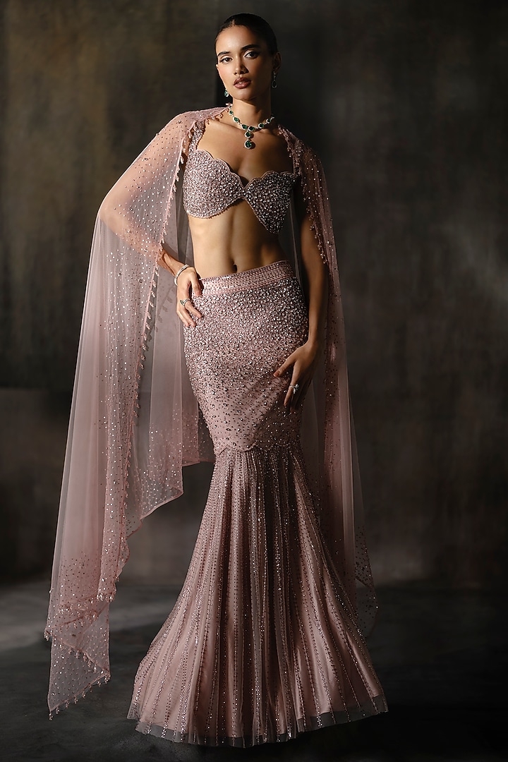 Rose Pink Net Stone & Crystal Work Fish-Cut Bridal Lehenga Set by Sawan Gandhi at Pernia's Pop Up Shop