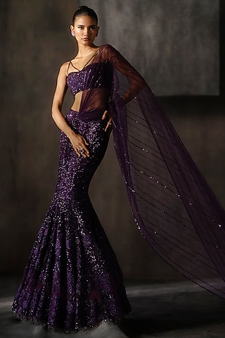 Wine Net Cutdana & Sequins Embellished Lehenga Set by Sawan Gandhi