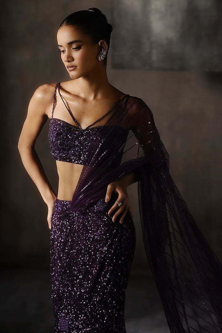 Wine Net Cutdana & Sequins Embellished Bridal Lehenga Set by Sawan Gandhi at Pernia's Pop Up Shop