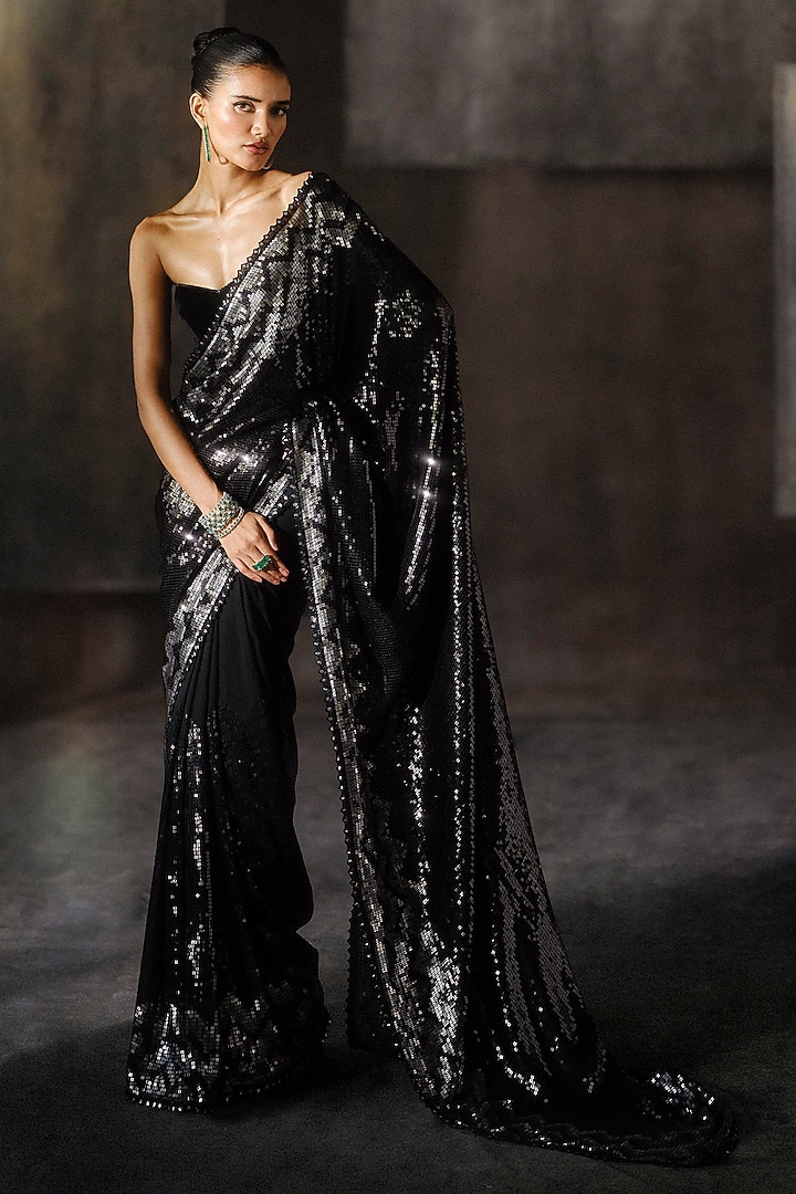 Black Georgette Sequins Work Chevron Bridal Saree Set by Sawan Gandhi at Pernia's Pop Up Shop