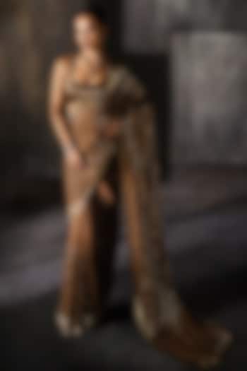 Coffee Gold Chinnon Chiffon Hand Embroidered Bridal Saree Set by Sawan Gandhi at Pernia's Pop Up Shop