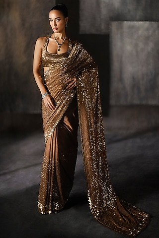 Coffee Gold Chinnon Chiffon Hand Embroidered Saree Set by Sawan Gandhi