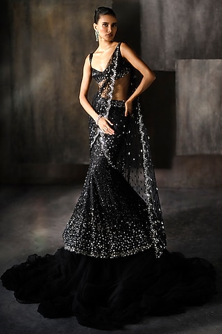 Black Ombre Net Embroidered Fish-Cut Draped Saree Set by Sawan Gandhi