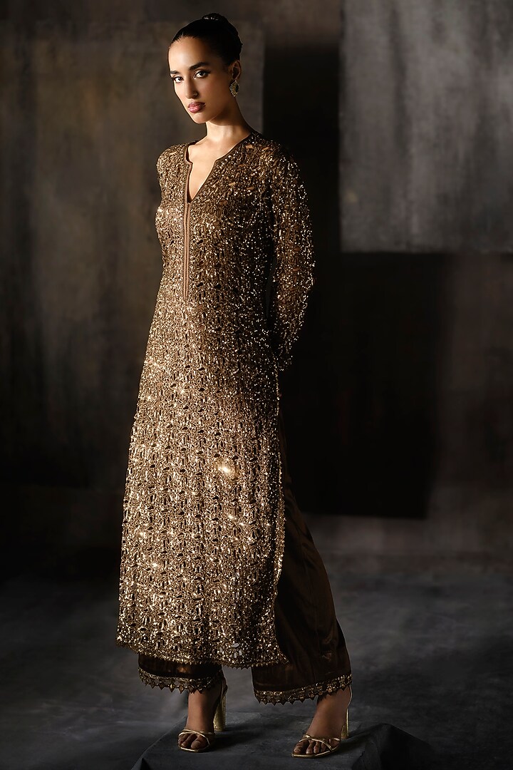 Coffee Gold Georgette Sequins & Cutwork Kurta Set by Sawan Gandhi at Pernia's Pop Up Shop