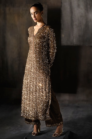 Coffee Gold Georgette Sequins & Cutwork Kurta Set by Sawan Gandhi