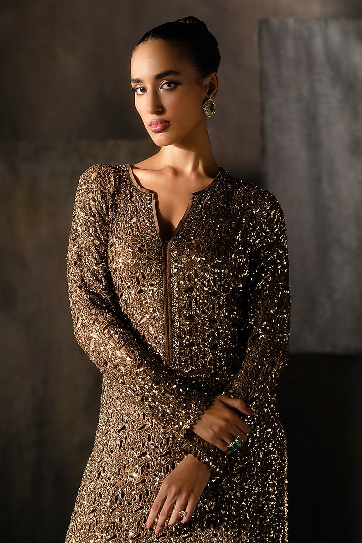 Coffee Gold Georgette Sequins & Cutwork Kurta Set by Sawan Gandhi at Pernia's Pop Up Shop