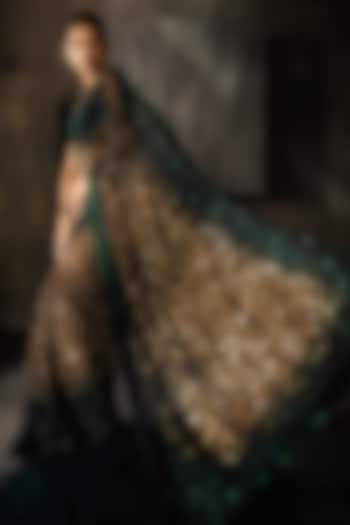 Green & Gold Ombre Net Sequins & Mirror Work Bridal Saree Set by Sawan Gandhi at Pernia's Pop Up Shop