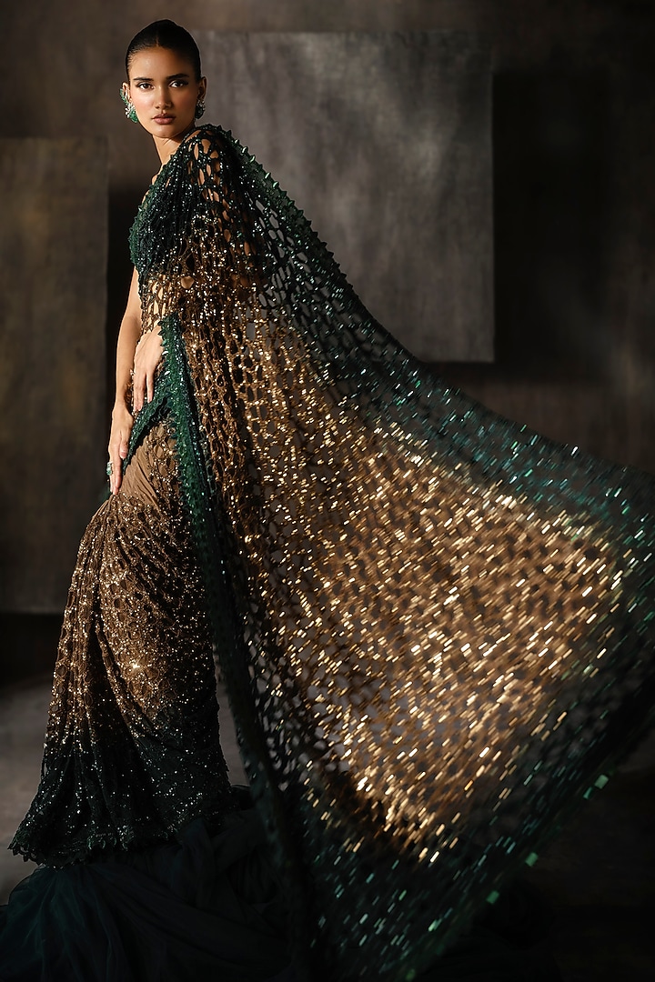 Green & Gold Ombre Net Sequins & Mirror Work Bridal Saree Set by Sawan Gandhi at Pernia's Pop Up Shop
