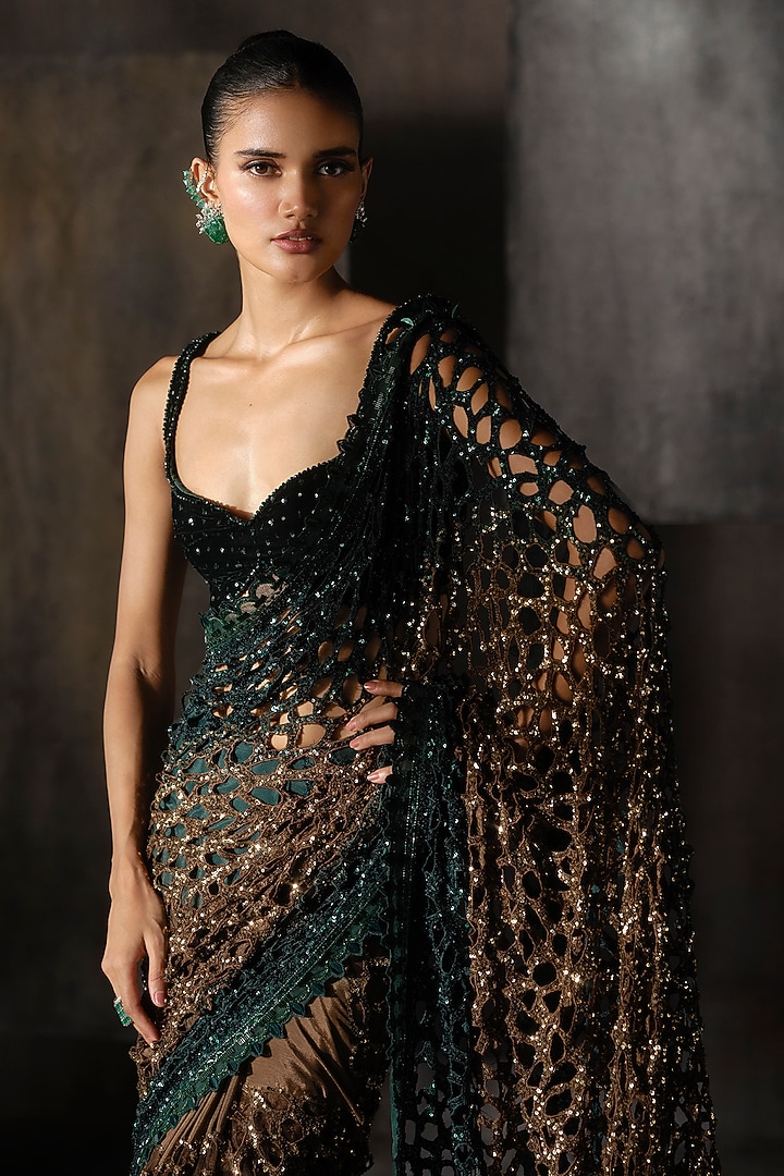 Green & Gold Ombre Net Sequins & Mirror Work Bridal Saree Set by Sawan Gandhi at Pernia's Pop Up Shop
