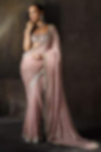 Rose Pink Georgette Sequins Embellished Bridal Saree Set by Sawan Gandhi at Pernia's Pop Up Shop
