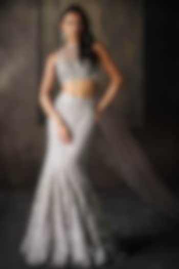 Grey Net Mirror & Floral Cutwork Fish Cut Bridal Lehenga Set by Sawan Gandhi at Pernia's Pop Up Shop