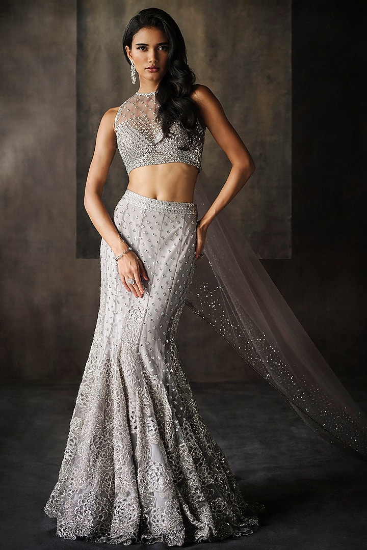 Grey Net Mirror & Floral Cutwork Fish Cut Bridal Lehenga Set by Sawan Gandhi at Pernia's Pop Up Shop