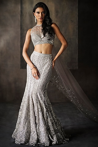 Grey Net Mirror & Floral Cutwork Fish Cut Lehenga Set by Sawan Gandhi