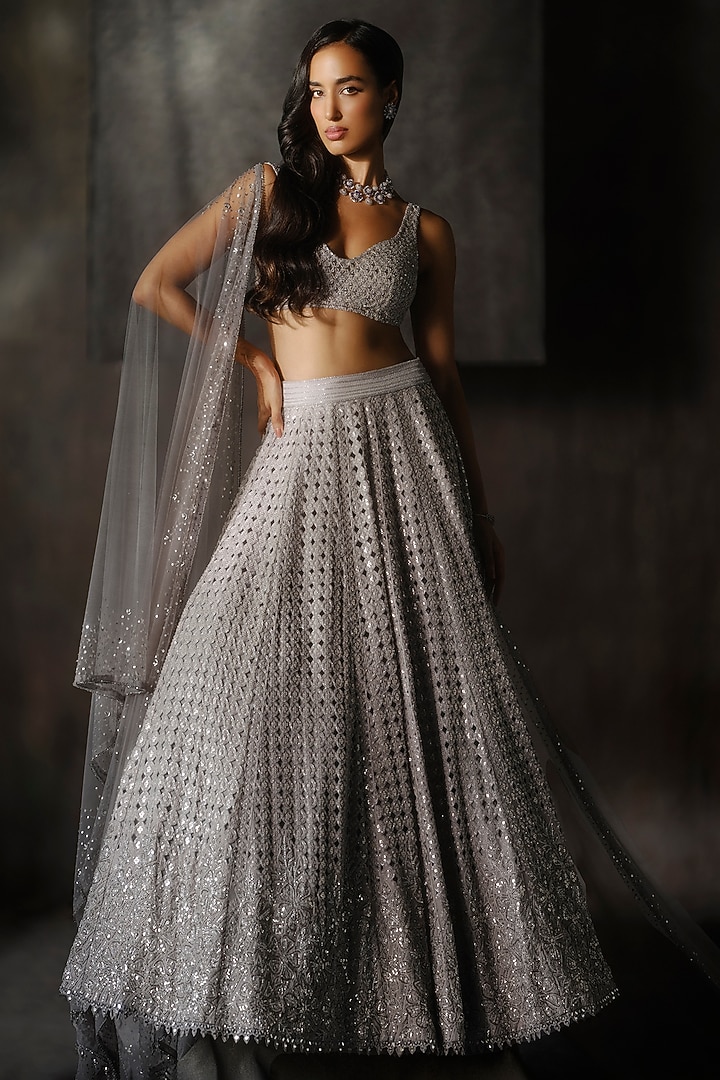 Grey Georgette Sequins & Cutdana Work Bridal Lehenga Set by Sawan Gandhi at Pernia's Pop Up Shop