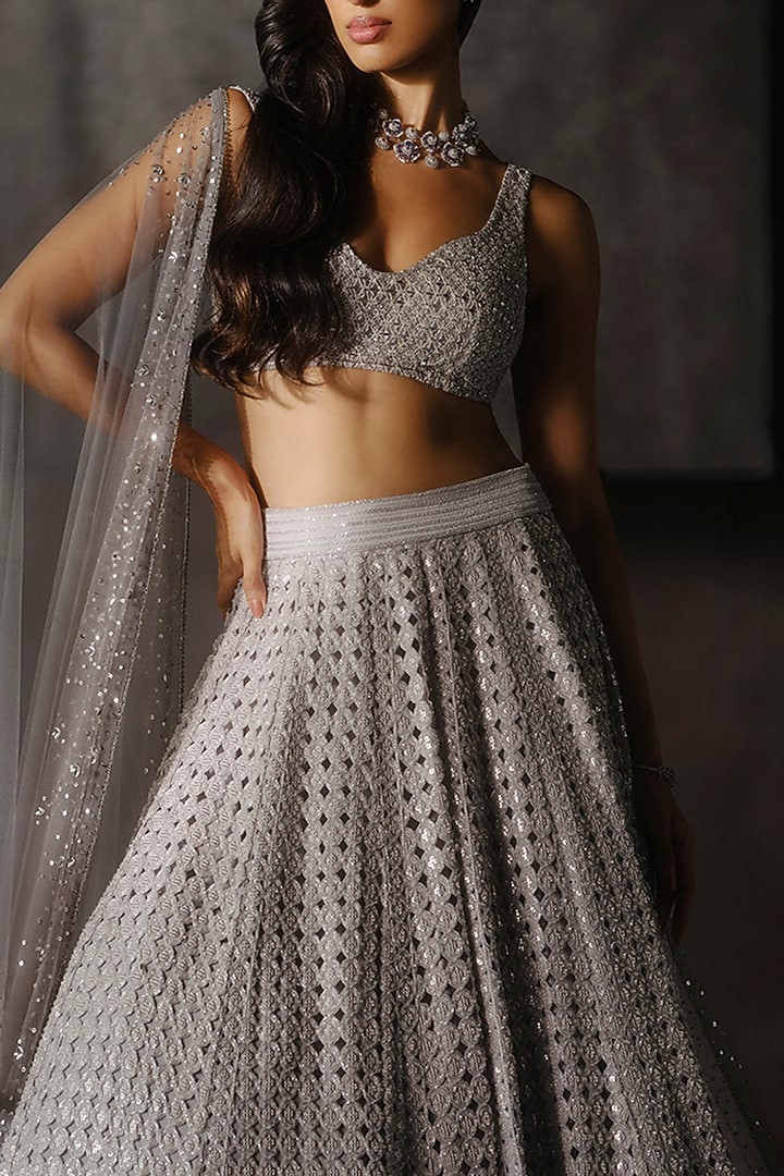 Grey Georgette Sequins & Cutdana Work Bridal Lehenga Set by Sawan Gandhi at Pernia's Pop Up Shop