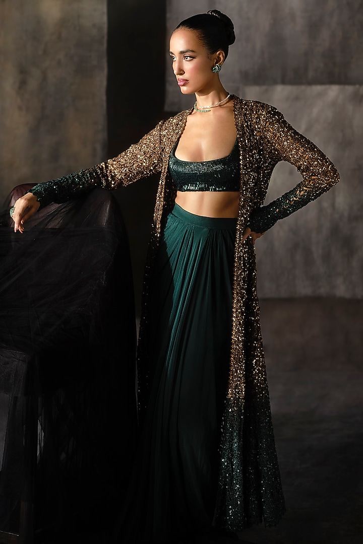 Gold & Green Ombre Georgette Sequins & Cutwork Cape Set by Sawan Gandhi at Pernia's Pop Up Shop