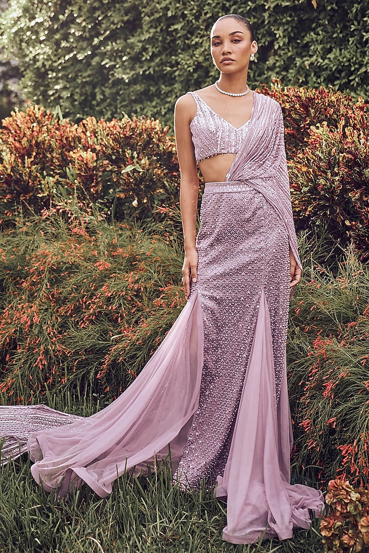 Lilac Georgette Sequins Embroidered Fish-Cut Draped Set by Sawan Gandhi at Pernia's Pop Up Shop