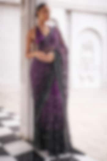 Wine & Black Georgette Cutwork Ombre Bridal Saree Set by Sawan Gandhi at Pernia's Pop Up Shop