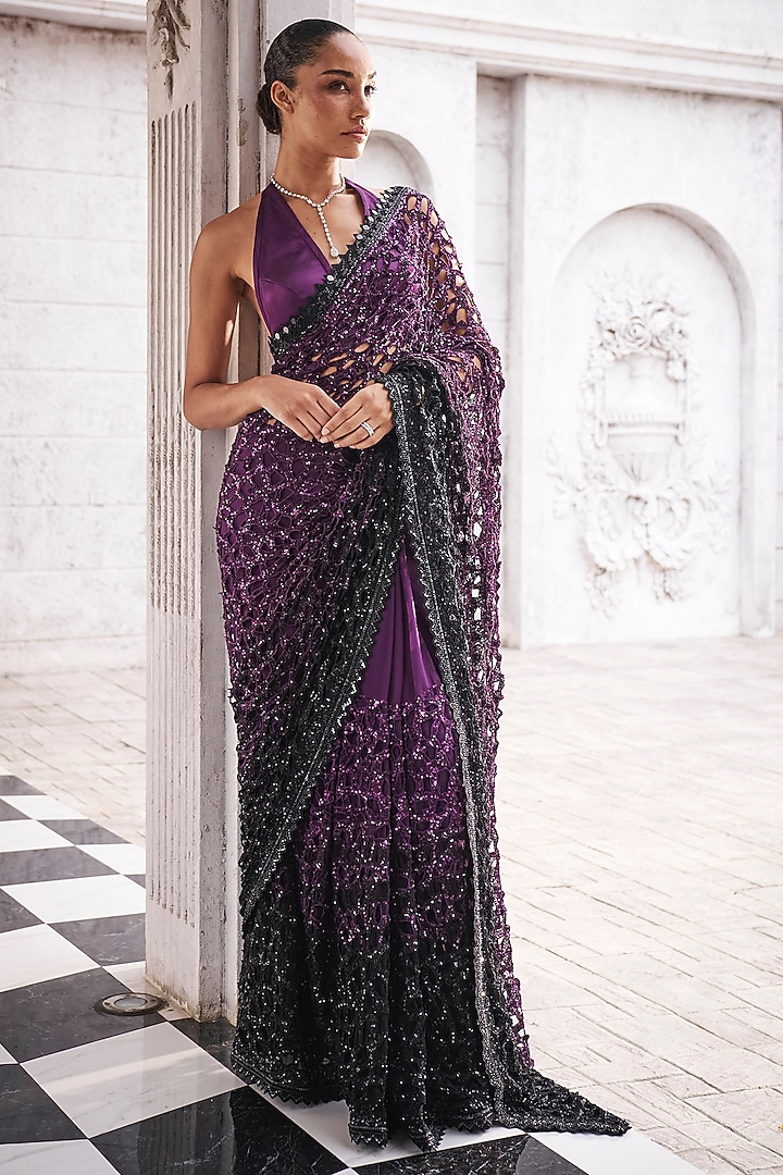 Wine & Black Georgette Cutwork Ombre Bridal Saree Set by Sawan Gandhi at Pernia's Pop Up Shop