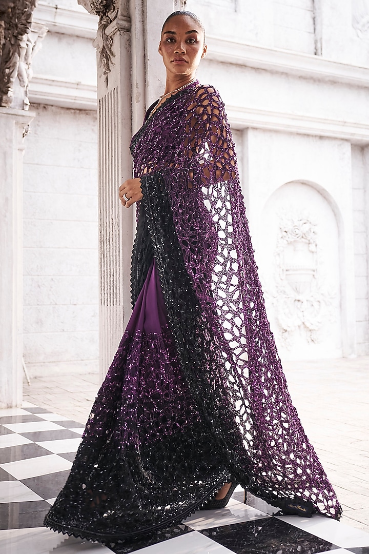 Wine & Black Georgette Cutwork Ombre Bridal Saree Set by Sawan Gandhi at Pernia's Pop Up Shop