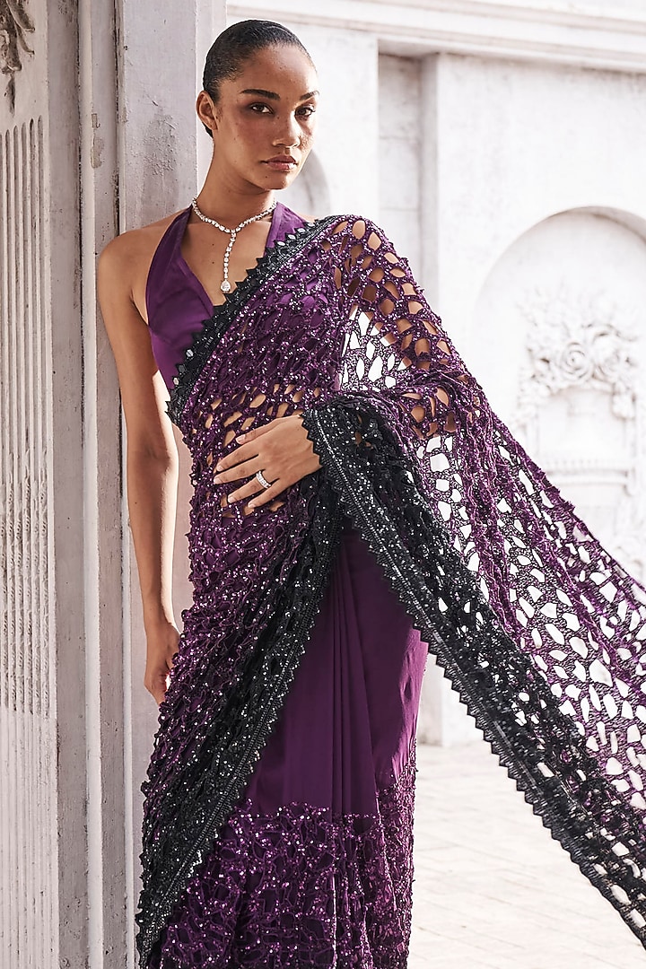 Wine & Black Georgette Cutwork Ombre Bridal Saree Set by Sawan Gandhi at Pernia's Pop Up Shop